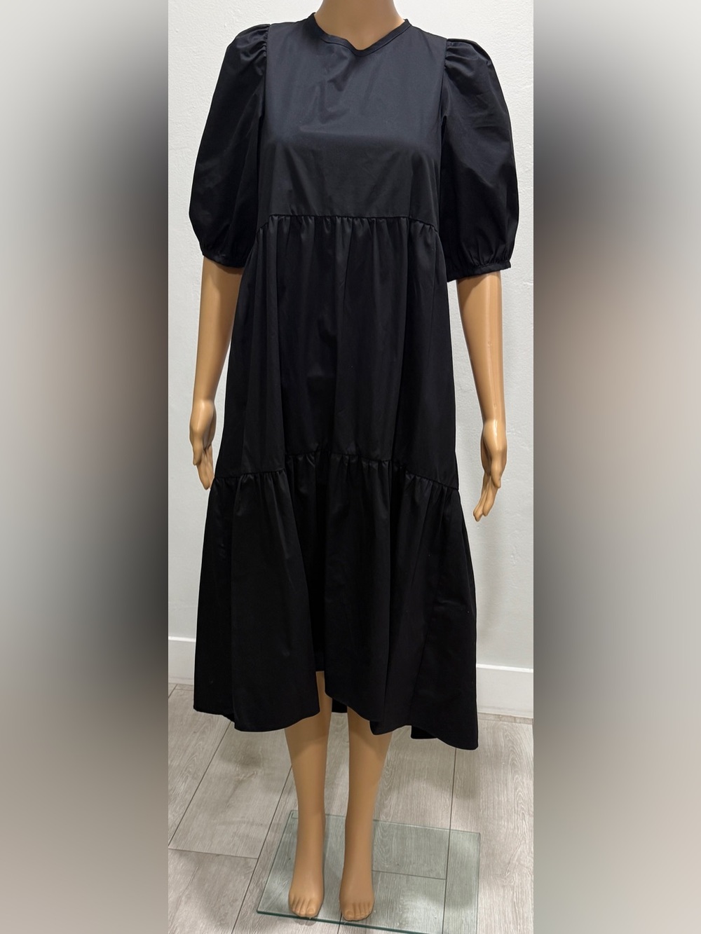 Zara Black Puff Sleeve Tiered Midi Dress